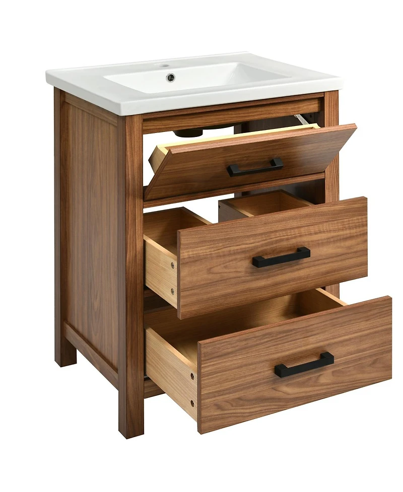 Sillysis 24" Walnut Bathroom Vanity with Ceramic Sink, Modern Freestanding Cabinet with 3 Drawers, Mdf Wood for Small Spaces