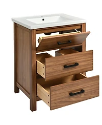 Sillysis 24" Walnut Bathroom Vanity with Ceramic Sink, Modern Freestanding Cabinet with 3 Drawers, Mdf Wood for Small Spaces