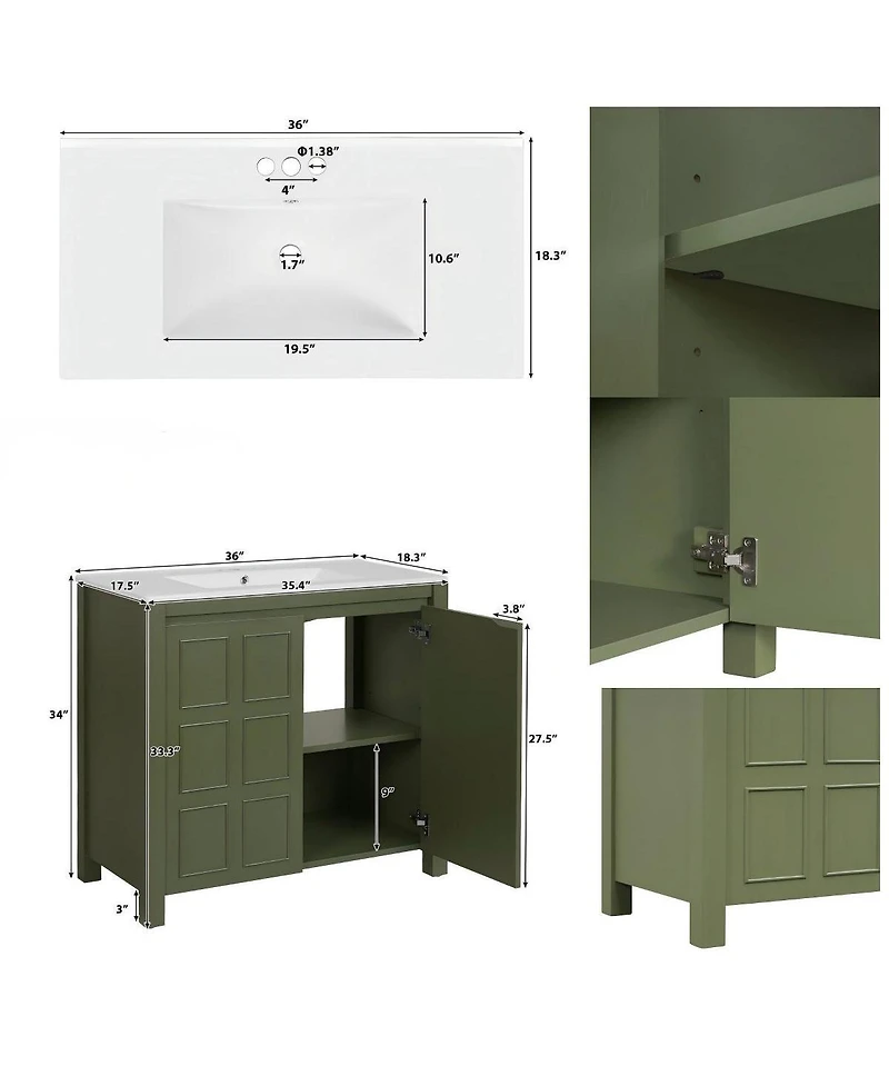 Sillysis 36" Retro Bathroom Vanity with Ceramic Sink, Solid Wood Frame and Soft Close Doors, Spacious Storage Cabinet for Modern Bathrooms.