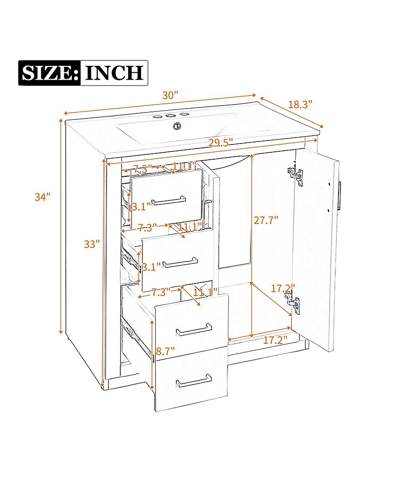 Sillysis 30" Freestanding Bathroom Vanity with Ceramic Sink, 3 Drawers & Soft Closing Doors, Modern Storage Cabinet
