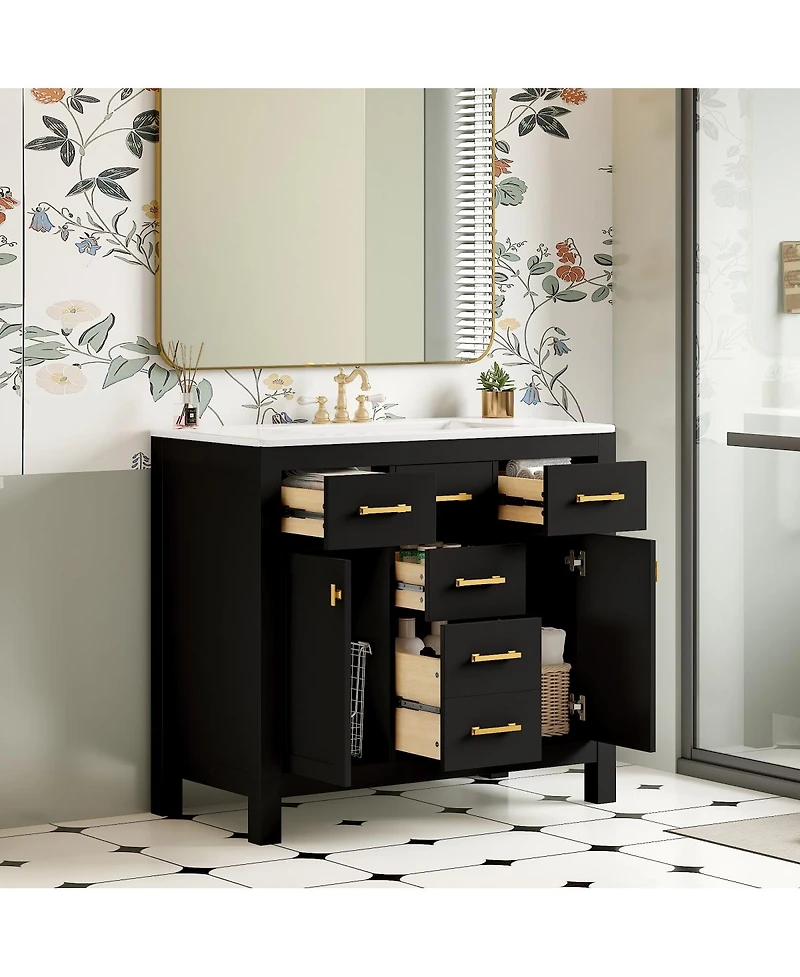 Sillysis 36" Modern Solid Wood Bathroom Vanity with Ceramic Sink, 4 Drawers & 2 Soft Close Doors Freestanding Cabinet