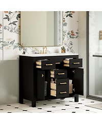 Sillysis 36" Modern Solid Wood Bathroom Vanity with Ceramic Sink, 4 Drawers & 2 Soft Close Doors Freestanding Cabinet