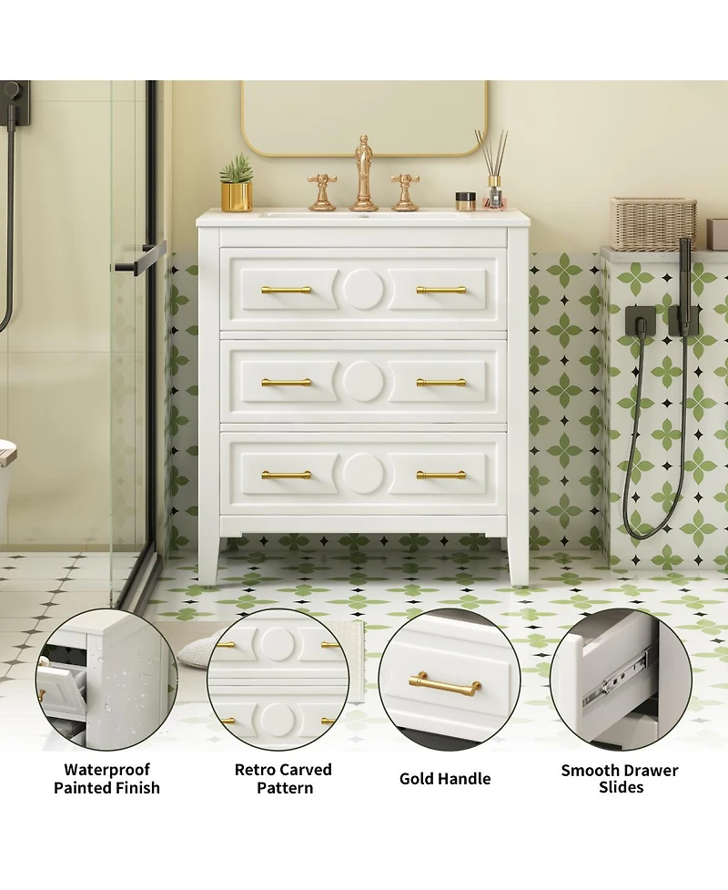 Sillysis 30" Bathroom Vanity with Ceramic Sink, Retro Solid Wood Cabinet & 3 Drawer Storage for Small Spaces
