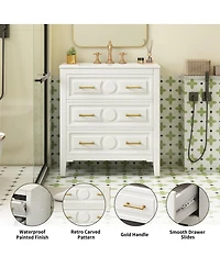 Sillysis 30" Bathroom Vanity with Ceramic Sink, Retro Solid Wood Cabinet & 3 Drawer Storage for Small Spaces