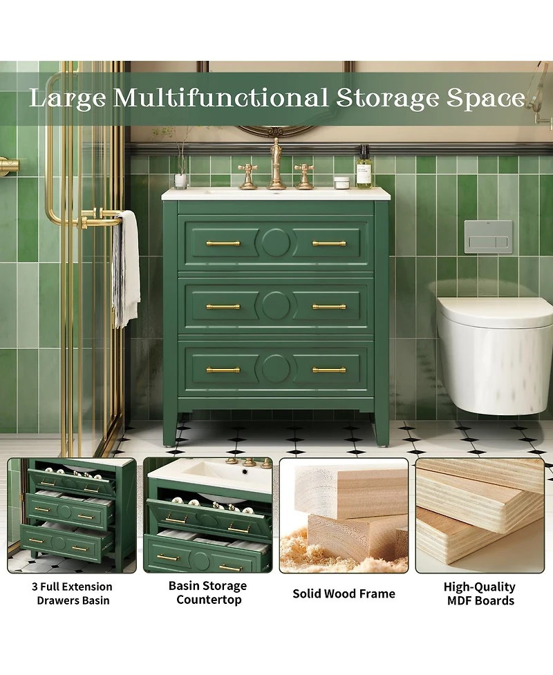 Sillysis 30" Bathroom Vanity with Ceramic Sink, Retro Solid Wood Cabinet & 3 Drawer Storage for Small Spaces