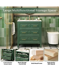 Sillysis 30" Bathroom Vanity with Ceramic Sink, Retro Solid Wood Cabinet & 3 Drawer Storage for Small Spaces