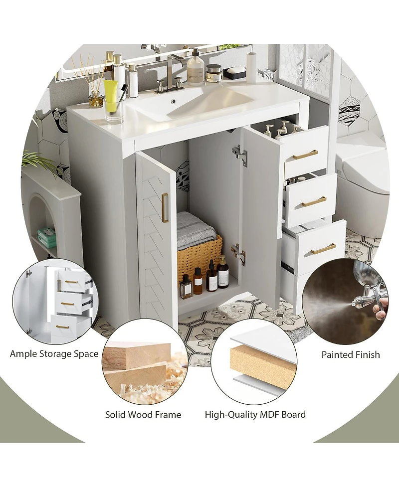 Sillysis 36" Bathroom Vanity with Ceramic Sink, Modern Solid Wood Cabinet & Ample Storage Drawers for Small Spaces