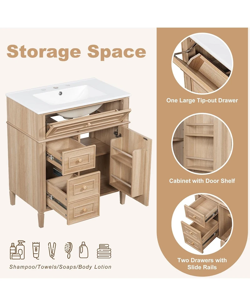 Sillysis 30" Freestanding Bathroom Vanity with Sink & Soft Close Flip Drawer, Solid Wood & Mdf Storage for Modern Bathrooms