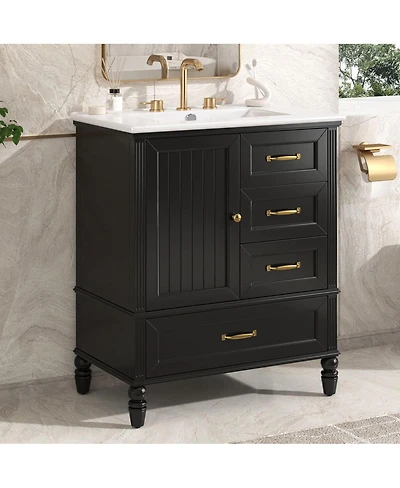 Sillysis 30" Modern Bathroom Vanity with Ceramic Sink, Freestanding Acacia Wood Mdf Cabinet 3 Drawers & Door