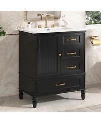 Sillysis 30" Modern Bathroom Vanity with Ceramic Sink, Freestanding Acacia Wood Mdf Cabinet 3 Drawers & Door