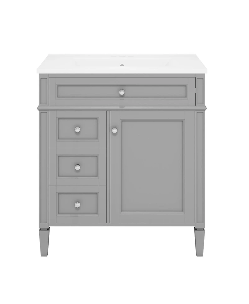 Sillysis Bathroom Vanity with Ceramic Sink, Solid Wood Cabinet, Ample Storage Drawers Adjustable Shelf for Small