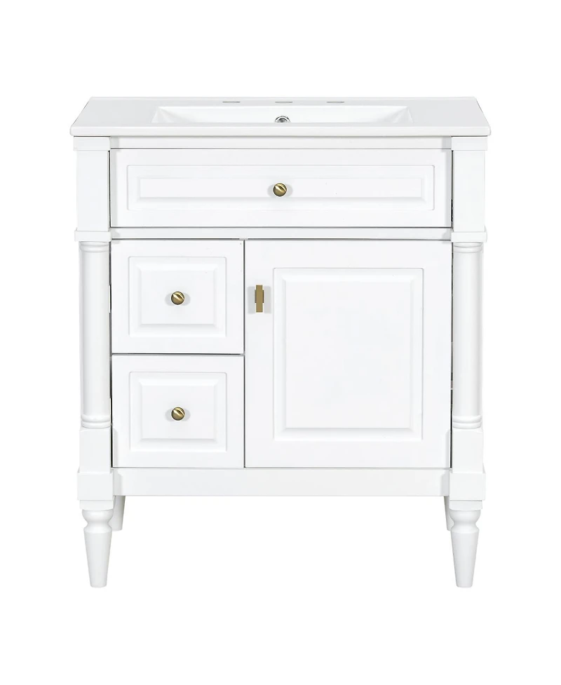 Sillysis 30" Bathroom Vanity with Ceramic Sink, Modern Solid Wood Freestanding Cabinet for Small Spaces