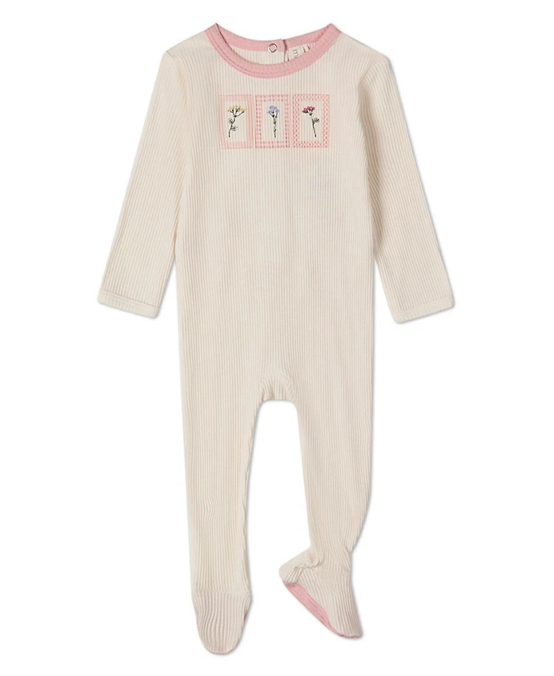 MeMoi Baby Girls Framed Florals Ribbed Cotton-Blend Embroidered Footie
