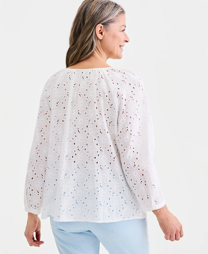 Style & Co Women's Cotton Eyelet Split Neck Long-Sleeve Top, Macy's Exclusive