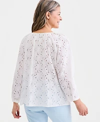 Style & Co Women's Cotton Eyelet Split Neck Long-Sleeve Top, Macy's Exclusive