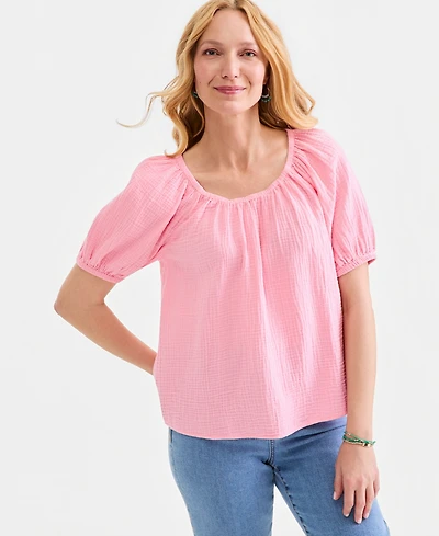 Style & Co Women's Cotton Gauze Puff-Sleeve Top, Macy's Exclusive