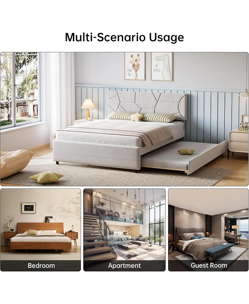 gaomon Trundle Bed, Upholstered Platform Bed Frame, Pull Out Bed with Headboard, Wood Slat Support, for Bedroom, Living Room, Guest Room