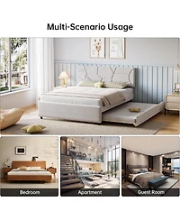 gaomon Trundle Bed, Upholstered Platform Bed Frame, Pull Out Bed with Headboard, Wood Slat Support, for Bedroom, Living Room, Guest Room