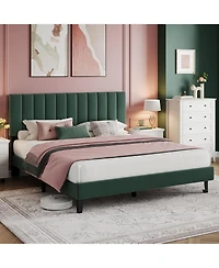 gaomon Bed Frame, Velvet Upholstered Platform Bed with Adjustable Vertical Channel Tufted Headboard, No Box Spring Needed, Easy Assembly