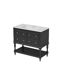 Sillysis 36" Modern Bathroom Vanity with Ceramic Sink, Freestanding Solid Wood Cabinet, 4 Drawers & Storage Shelf