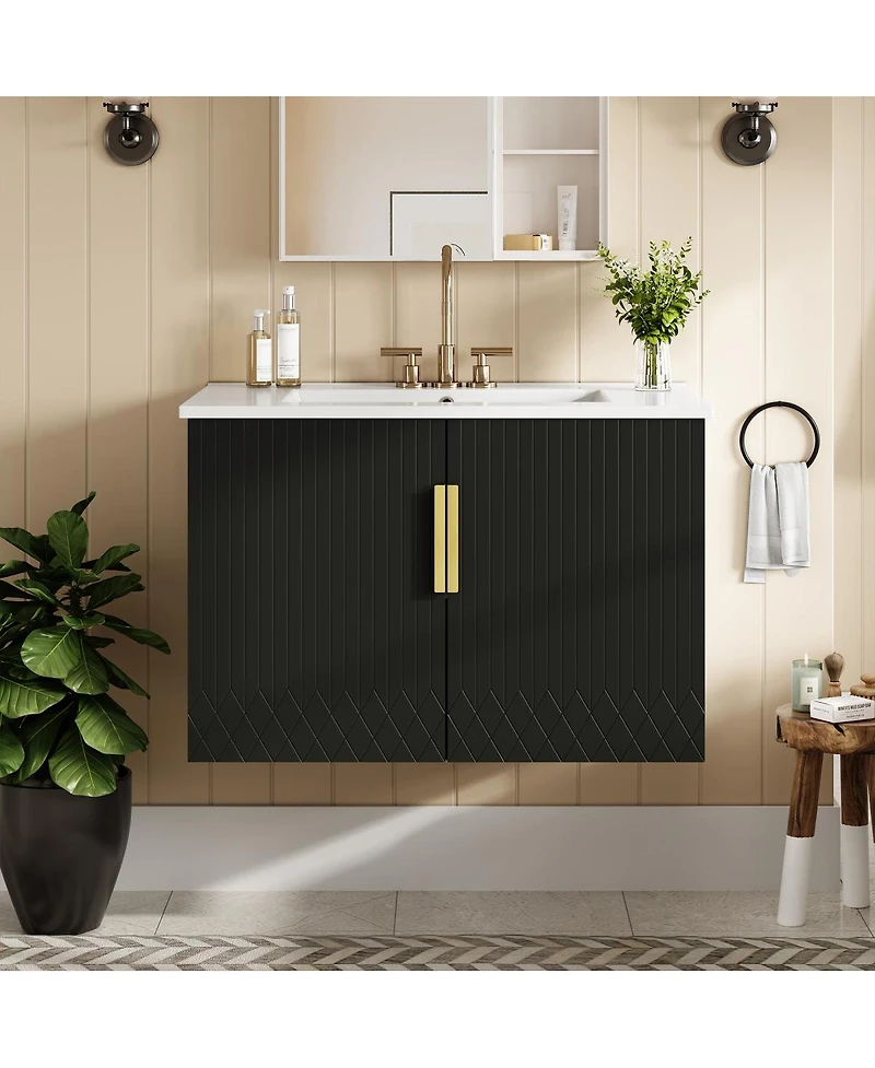 Sillysis 30" Wall Mounted Bathroom Vanity with Sink, Modern Striped Cabinet Adjustable Storage & Ceramic Basin for Small Bathrooms