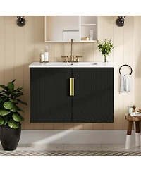 Sillysis 30" Wall Mounted Bathroom Vanity with Sink, Modern Striped Cabinet Adjustable Storage & Ceramic Basin for Small Bathrooms