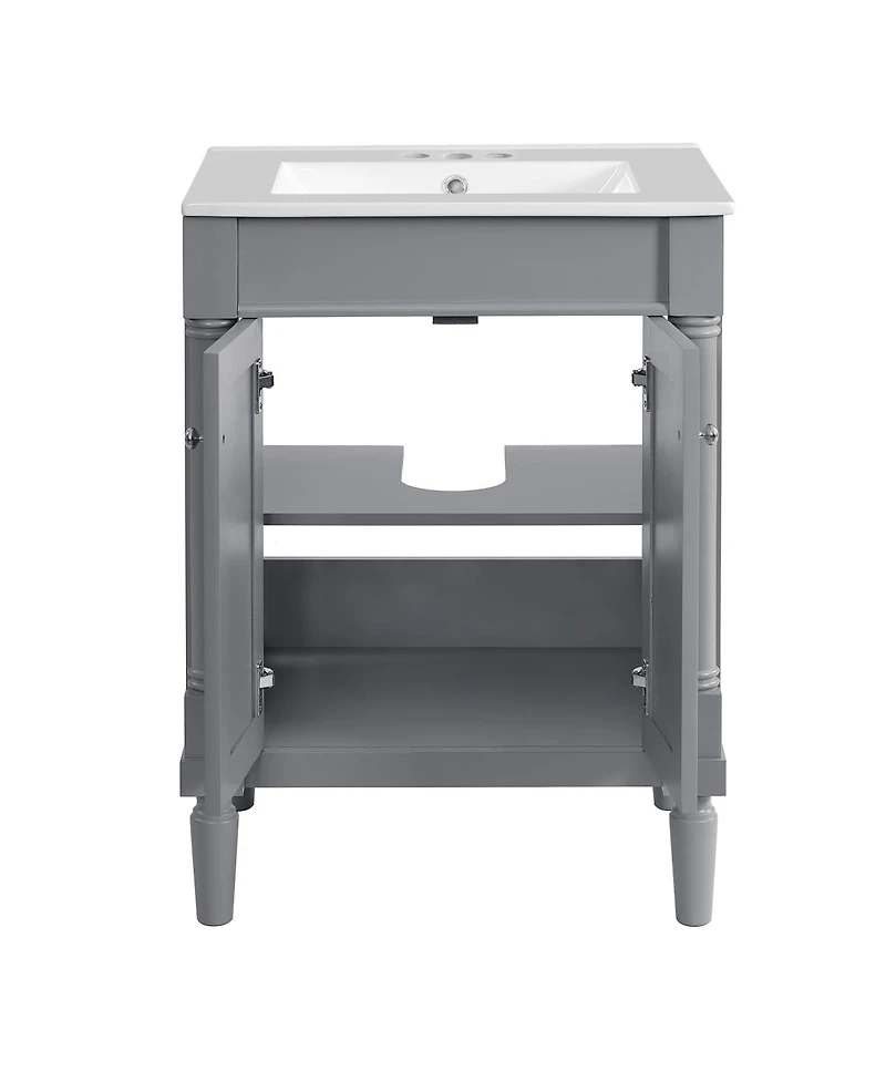Sillysis 24" Bathroom Vanity with Ceramic Sink, Modern Solid Wood Cabinet & Ample Storage for Small Spaces