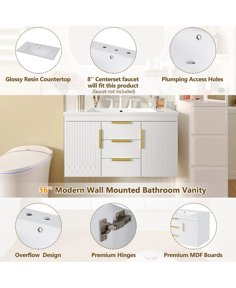Sillysis 36" Wall Mounted Bathroom Vanity with Resin Sink, Modern Mdf Cabinet, Double Drawers & Storage for Small Bathrooms