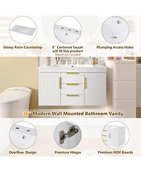 Sillysis 36" Wall Mounted Bathroom Vanity with Resin Sink, Modern Mdf Cabinet, Double Drawers & Storage for Small Bathrooms