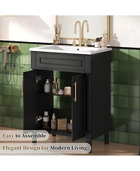 Sillysis 24" Bathroom Vanity with Curved Ceramic Sink, Adjustable Shelf 2-Door Storage for Small Modern Bathrooms