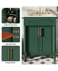 Sillysis 24" Bathroom Vanity with Curved Ceramic Sink, Adjustable Shelf 2-Door Storage for Small Modern Bathrooms