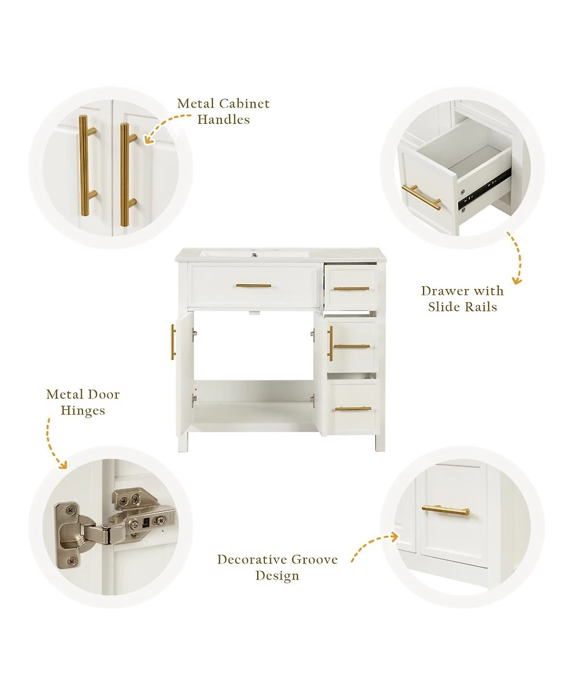 Sillysis 36" Bathroom Vanity with Left Ceramic Sink, Solid Wood & Mdf Cabinet, Ample Storage Drawers, Modern Freestanding