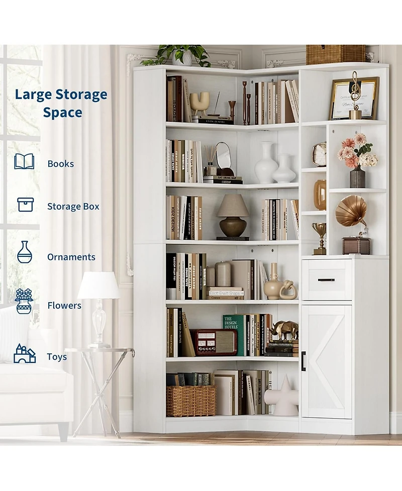 gaomon 74'' Tall Corner Bookshelf - 6-Tier Book Shelf with Drawer and Cabinets, l-Shaped Bookcase Open Storage Shelves Modern Display Shelf for Home