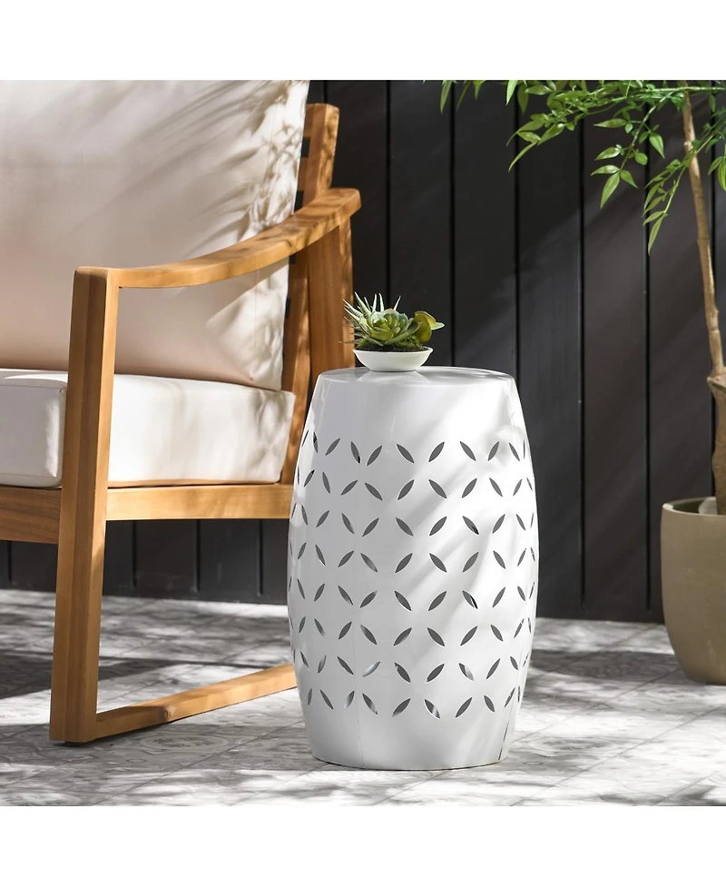 Streamdale Furniture Sculptural Barrel Side Table with Laser-Cut Floral Motifs