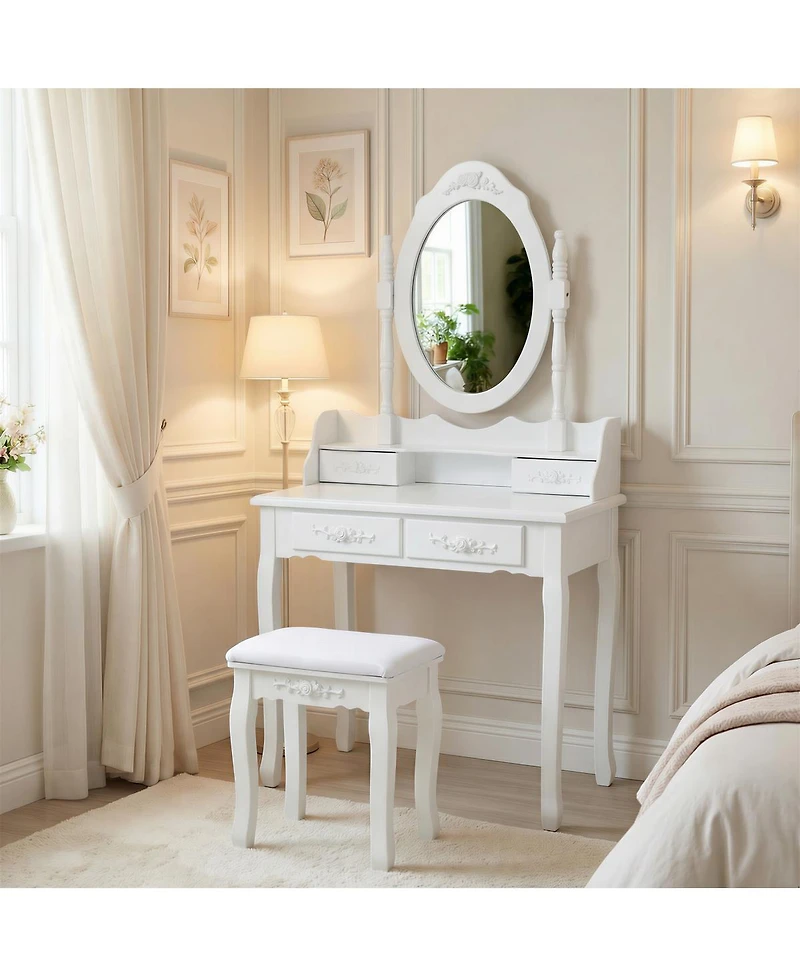 Streamdale Furniture Princess Vanity Desk Set with Mirror & Stool, 4-Drawer Makeup Table