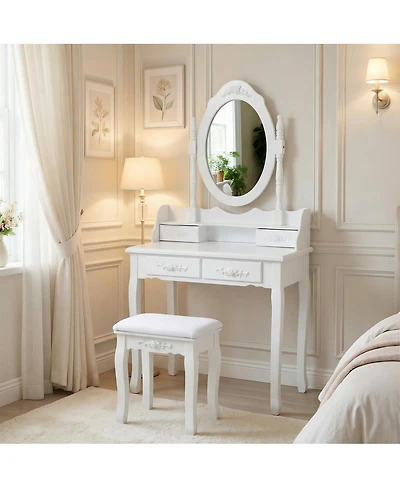 Streamdale Furniture Princess Vanity Desk Set with Mirror & Stool, 4-Drawer Makeup Table