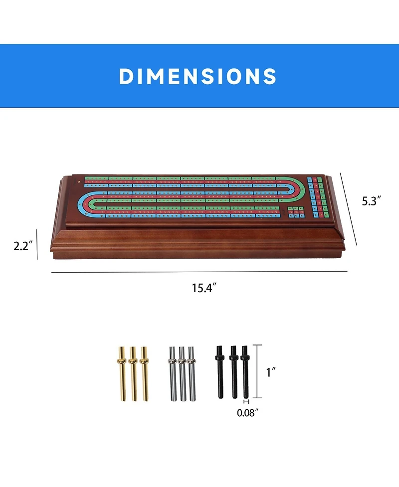Gse Games & Sports Expert Multi Color 3-Track Wooden Cribbage Board Box with 2 Deck Playing Cards, 9 Metal Pegs and Drawer