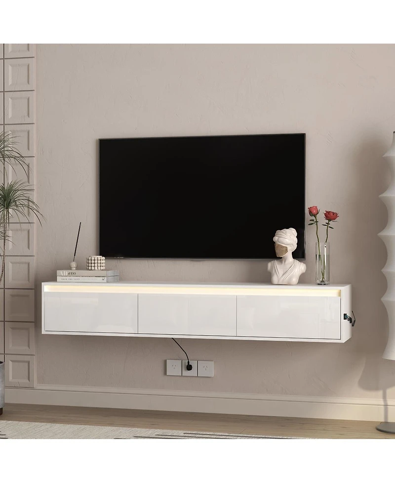 Streamdale Furniture Floating Tv Stand with Led Lights & Power Outlet