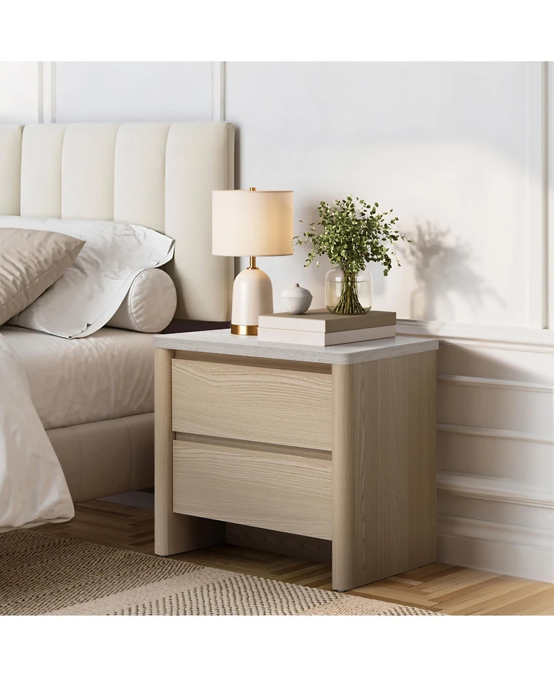 LuxenHome Snowy Oak Nightstand & End Table with 2 Drawers, Faux Travertine Top, Durable Manufactured Wood