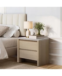 LuxenHome Snowy Oak Nightstand & End Table with 2 Drawers, Faux Travertine Top, Durable Manufactured Wood