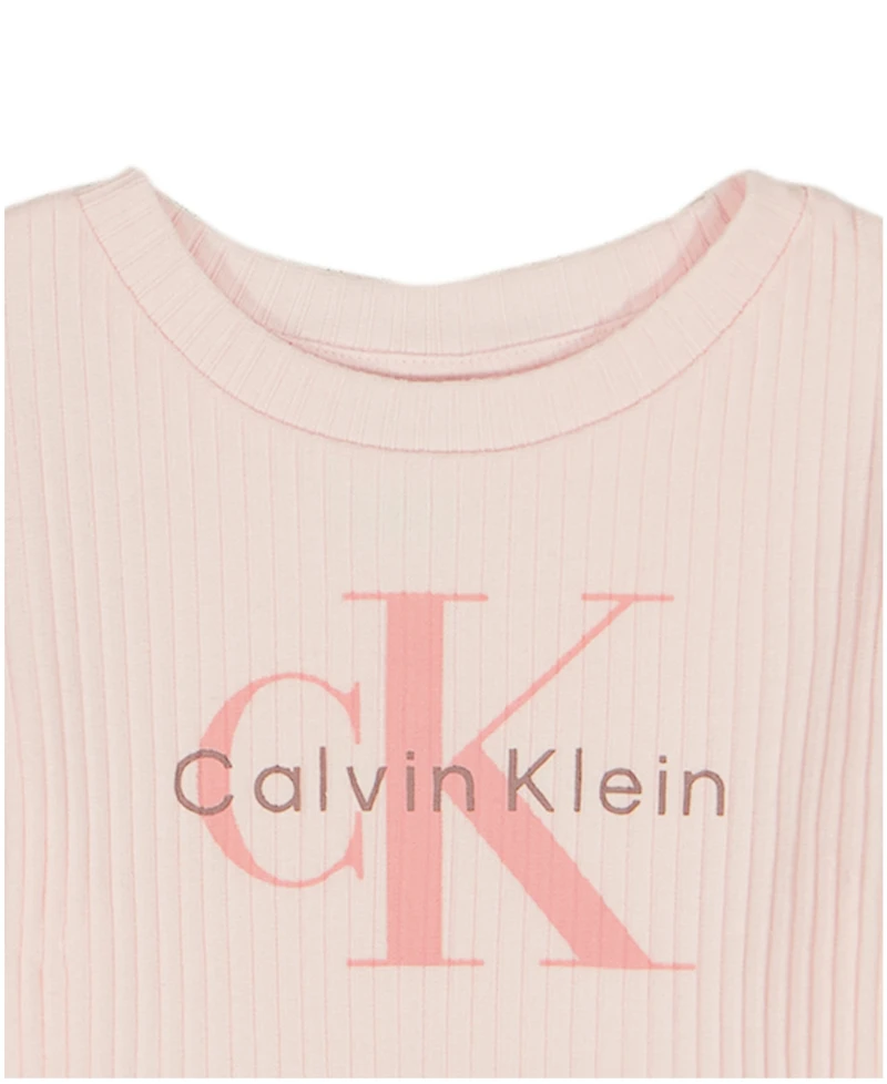 Calvin Klein Girls' 2T-6X Ribbed Logo T-Shirt and Crinkle Knit Wrap-Front Shorts, 2-Piece Set