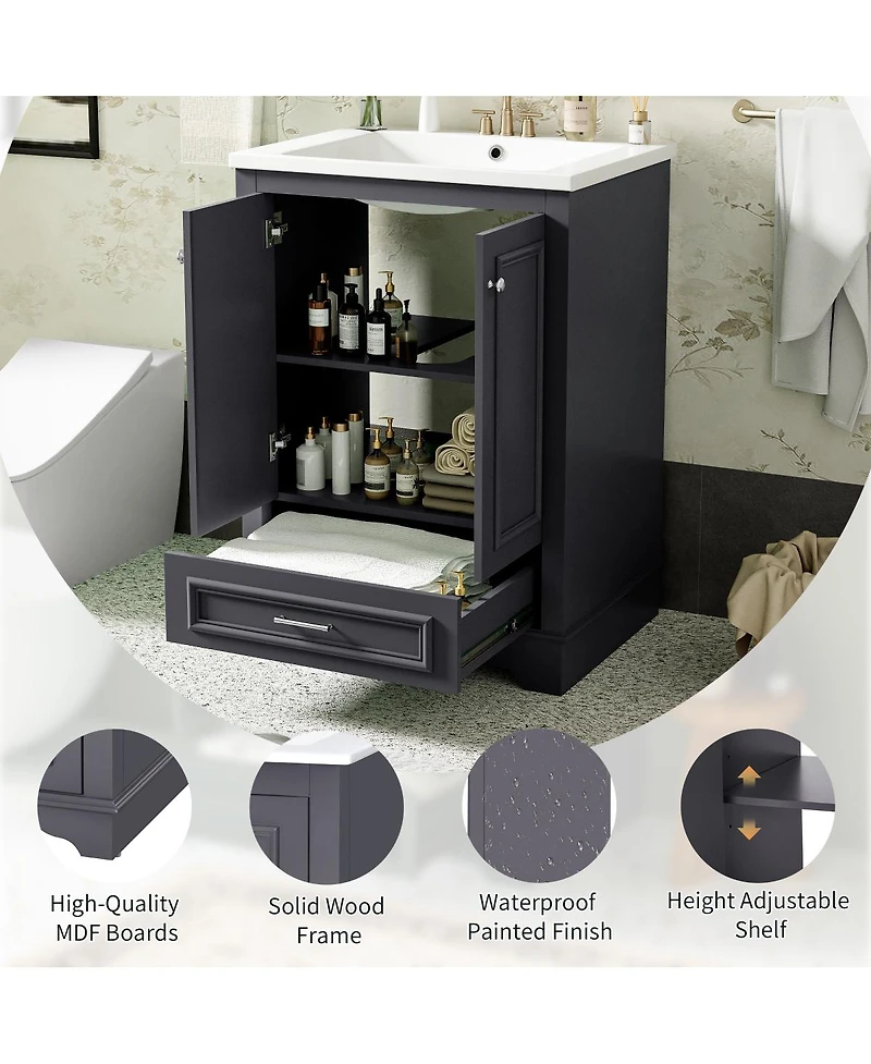 Sillysis 24" Bathroom Vanity with Ceramic Sink, Modern Freestanding Cabinet Drawer & Soft Closing Doors, Solid Wood Mdf Storage