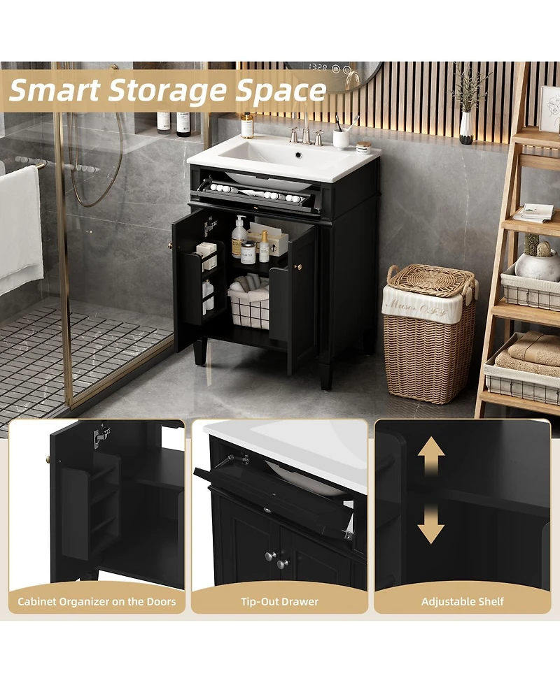 Sillysis 24" Modern Bathroom Vanity with Ceramic Sink, Soft Close Doors & Adjustable Storage Shelf for Small Spaces