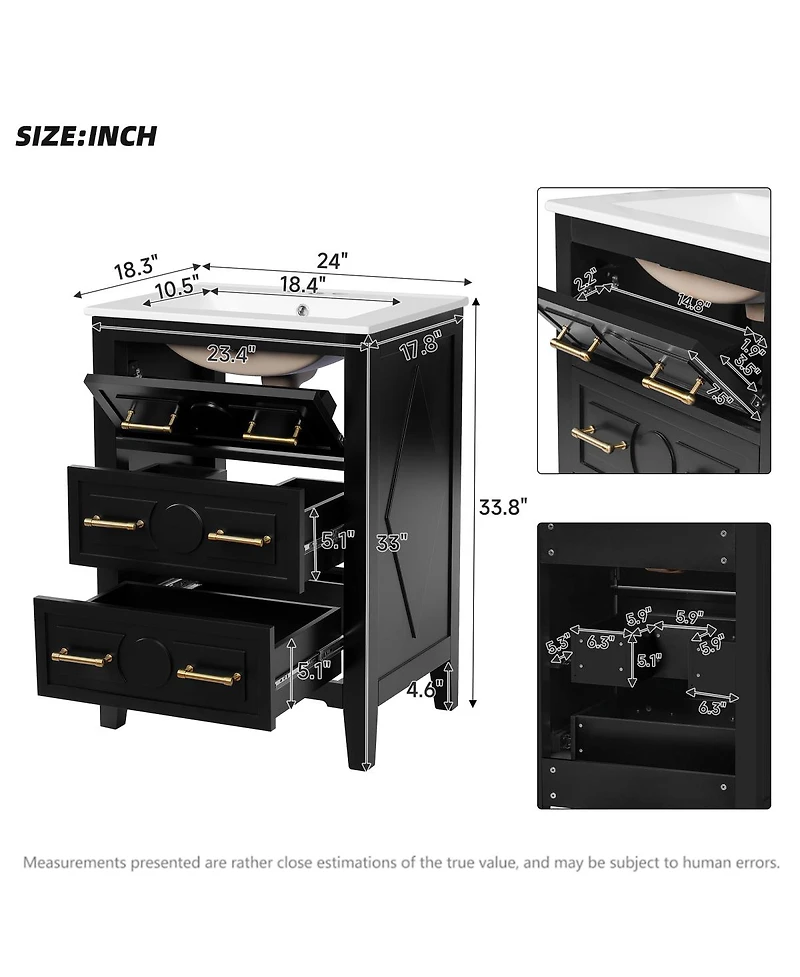 Sillysis 24 Inch Bathroom Vanity with Ceramic Sink, Retro Solid Wood Cabinet, 3 Soft Close Drawers for Small Bathrooms