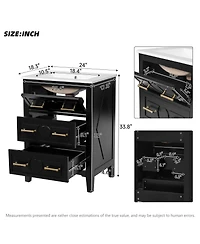 Sillysis 24 Inch Bathroom Vanity with Ceramic Sink, Retro Solid Wood Cabinet, 3 Soft Close Drawers for Small Bathrooms