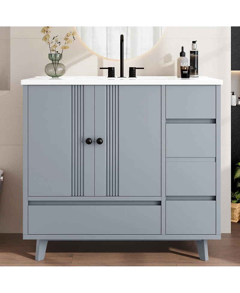 Sillysis 36" Bathroom Vanity with Sink, Solid Wood Cabinet, 4 Drawers and Side Storage for Small Bathrooms