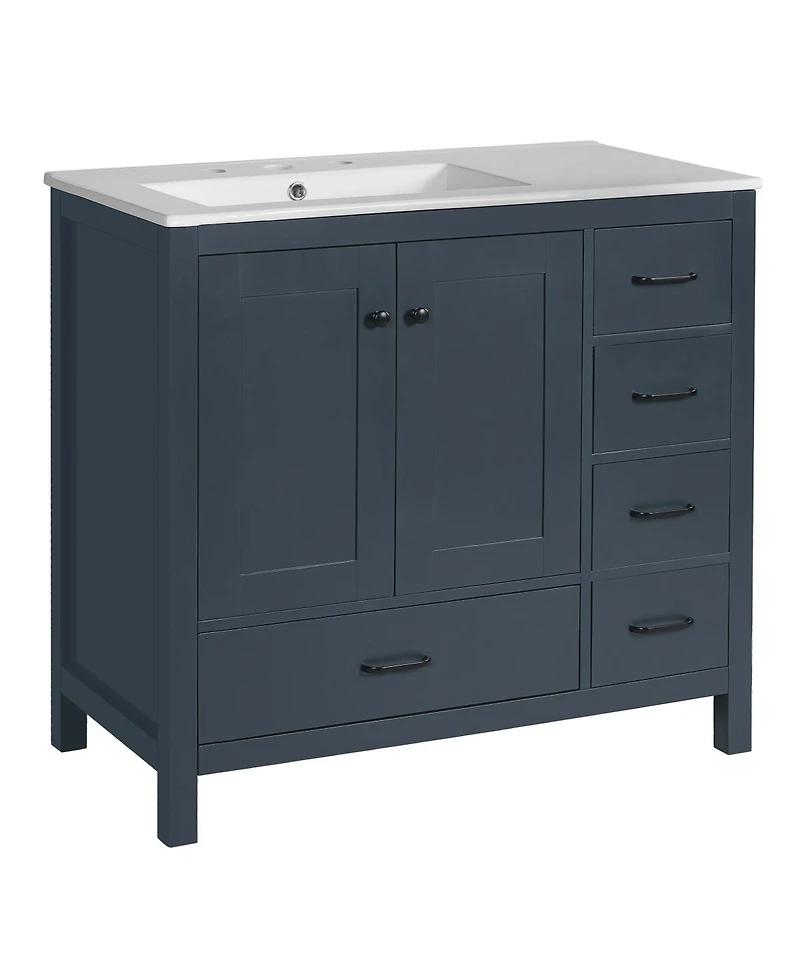 Sillysis 36" Bathroom Vanity with Sink, Solid Wood Cabinet & 5 Drawers Storage, Modern Freestanding Bath for Small Spaces