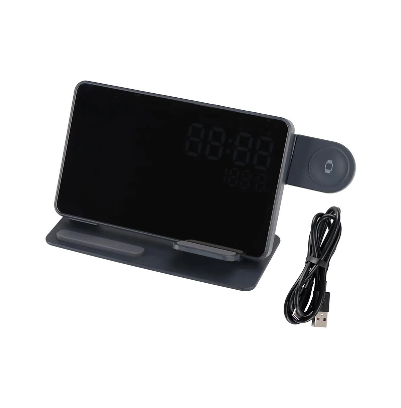 Artudatech 6-in-1 Wireless Charging Station with Clock, Alarm & Temp Display, 15W Fast Charging for iPhone, Apple Watch & AirPods