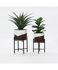LuxenHome 2-Piece White and Brown Metal Cachepot Planters Set with Black Stands