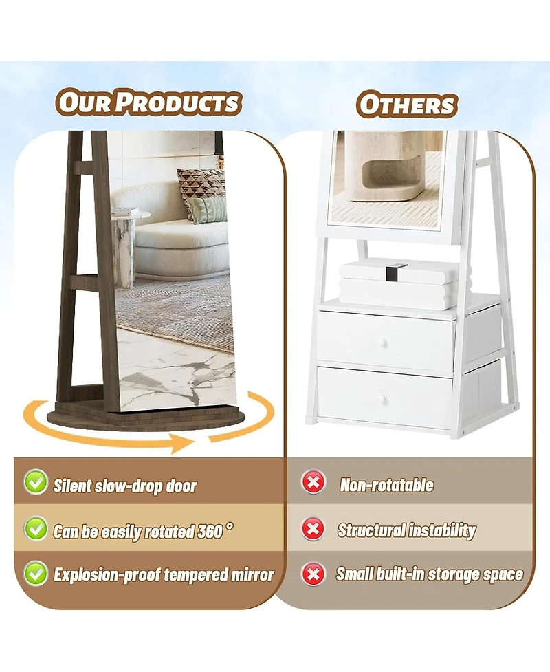 Rainsken 360°Swivel Jewelry Cabinet, Standing Jewelry Armoire Organizer, Lockable Storage Cabinet with Full Length Mirror